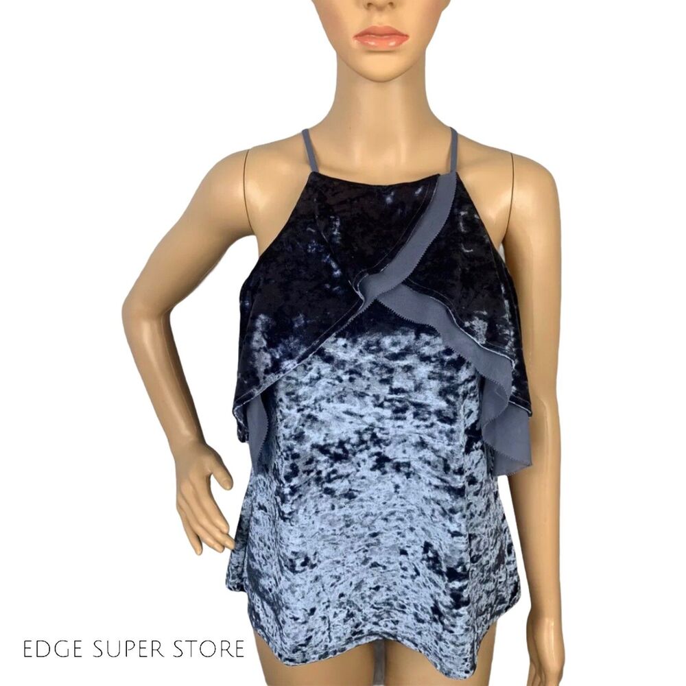 White House Black Market Blue Gray Crushed Velvet Ruffle Keyhole Blouse Top XS